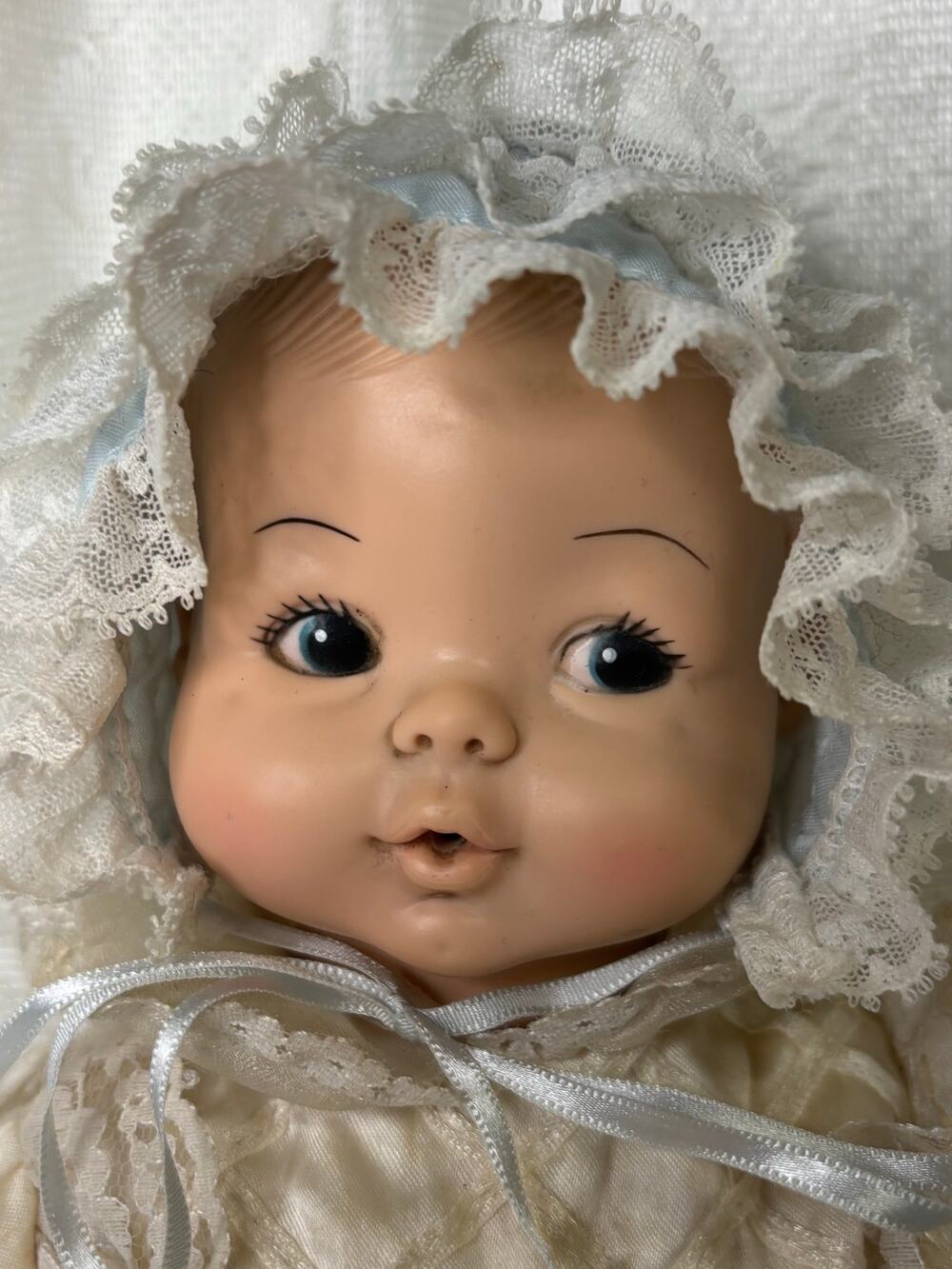 Vintage 1978 Hard Plastic Baby Doll White Lace Baptism Gown Bonnet 14 inch